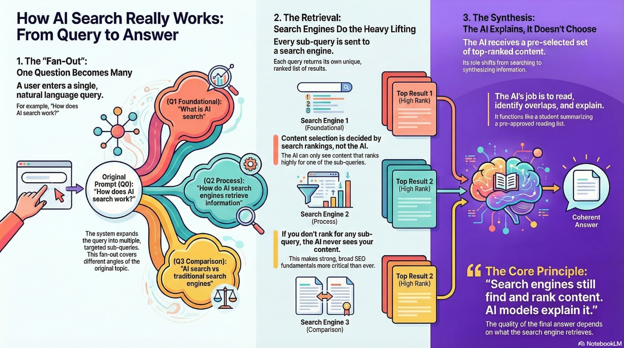 How AI Search Really Works: From Query to Answer - Infographic explaining the fan-out, retrieval, and synthesis process